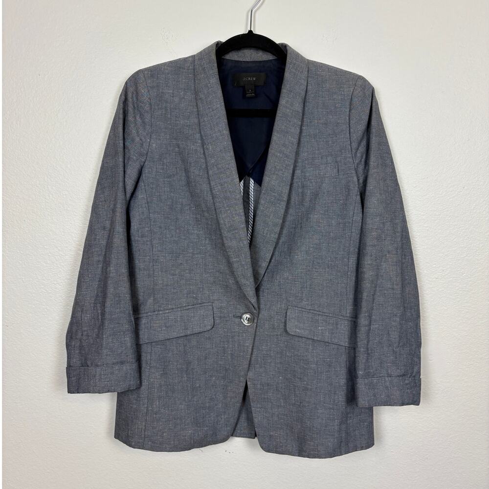J. Crew Regent Single Button Shall Collar Cotton Linen Grey Blazer 2